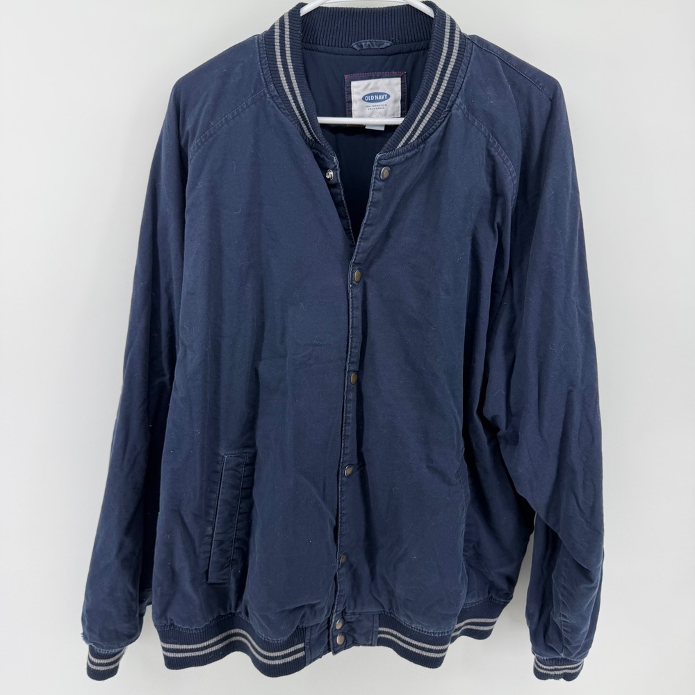 Old Navy Mens XXL Varsity Bomber Jacket Navy‎ Blue Striped Trim Snap Front FA17
